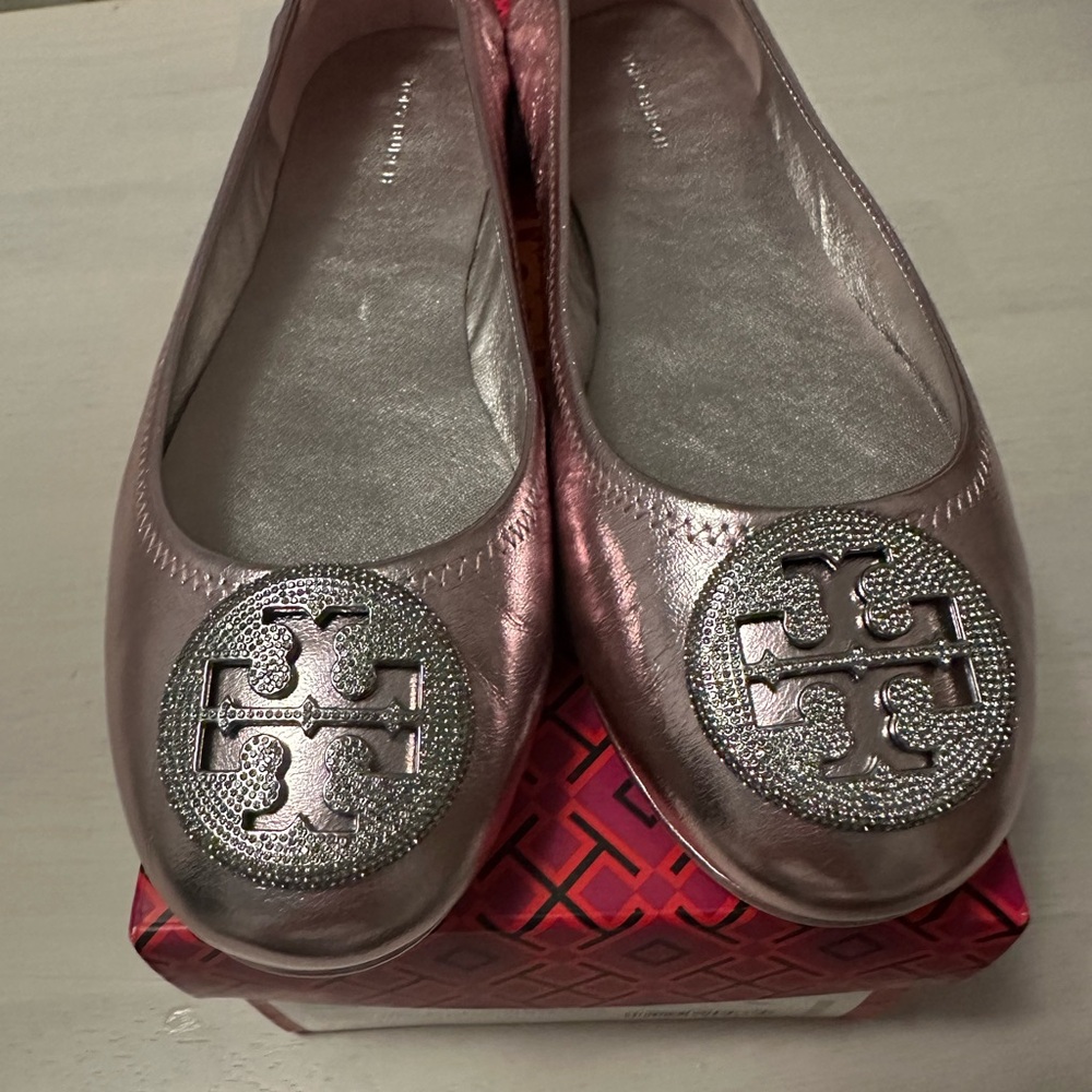 Tory Burch Minnie Pave Logo Metallic Leather Shimmering Travel Pink Flats, Sz 9